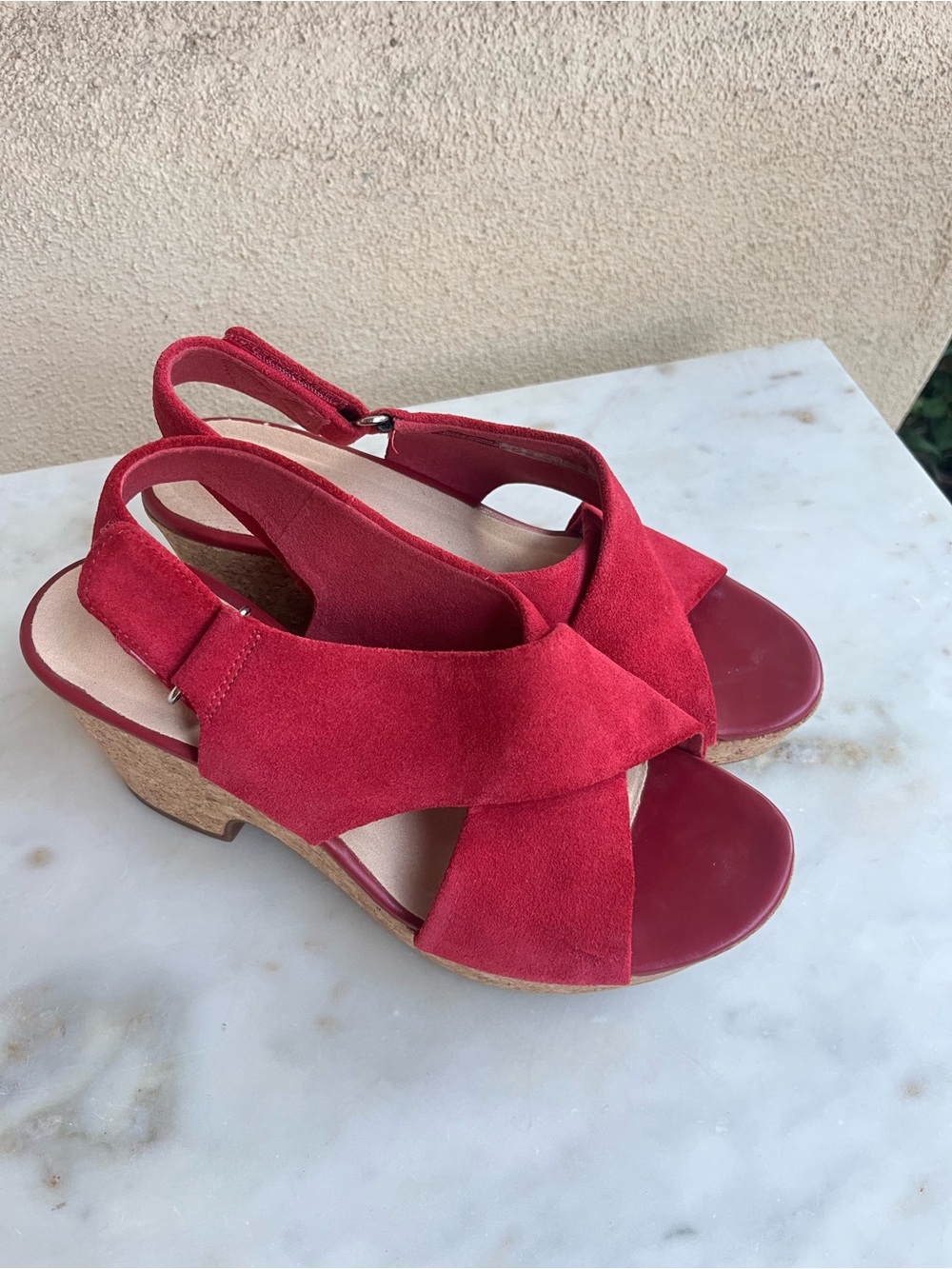 Clark pink suede crisscross heels 7
